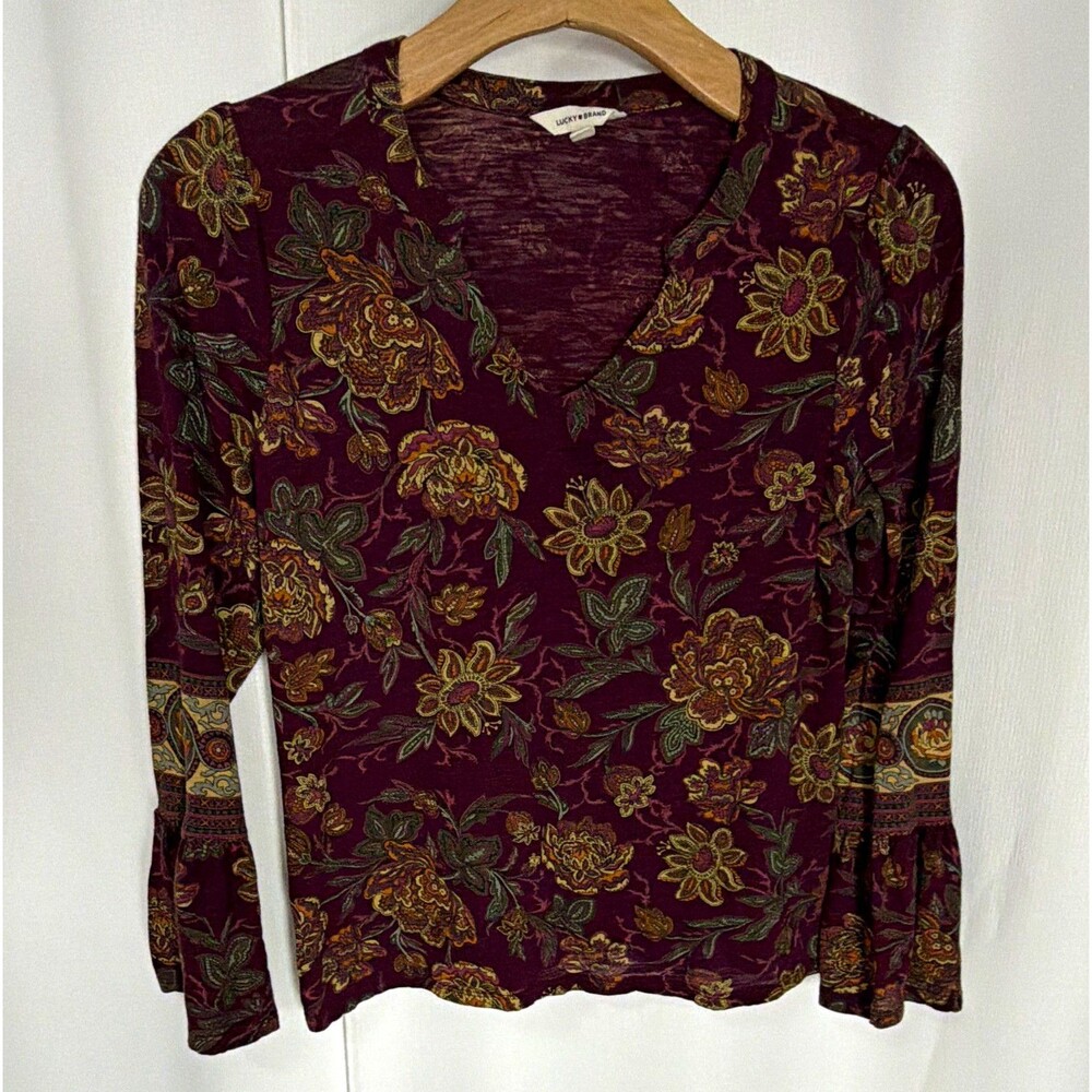 Lucky Brand Women’s M Burgundy Floral V-Neck Knit Ruffle Bell Sleeve Top